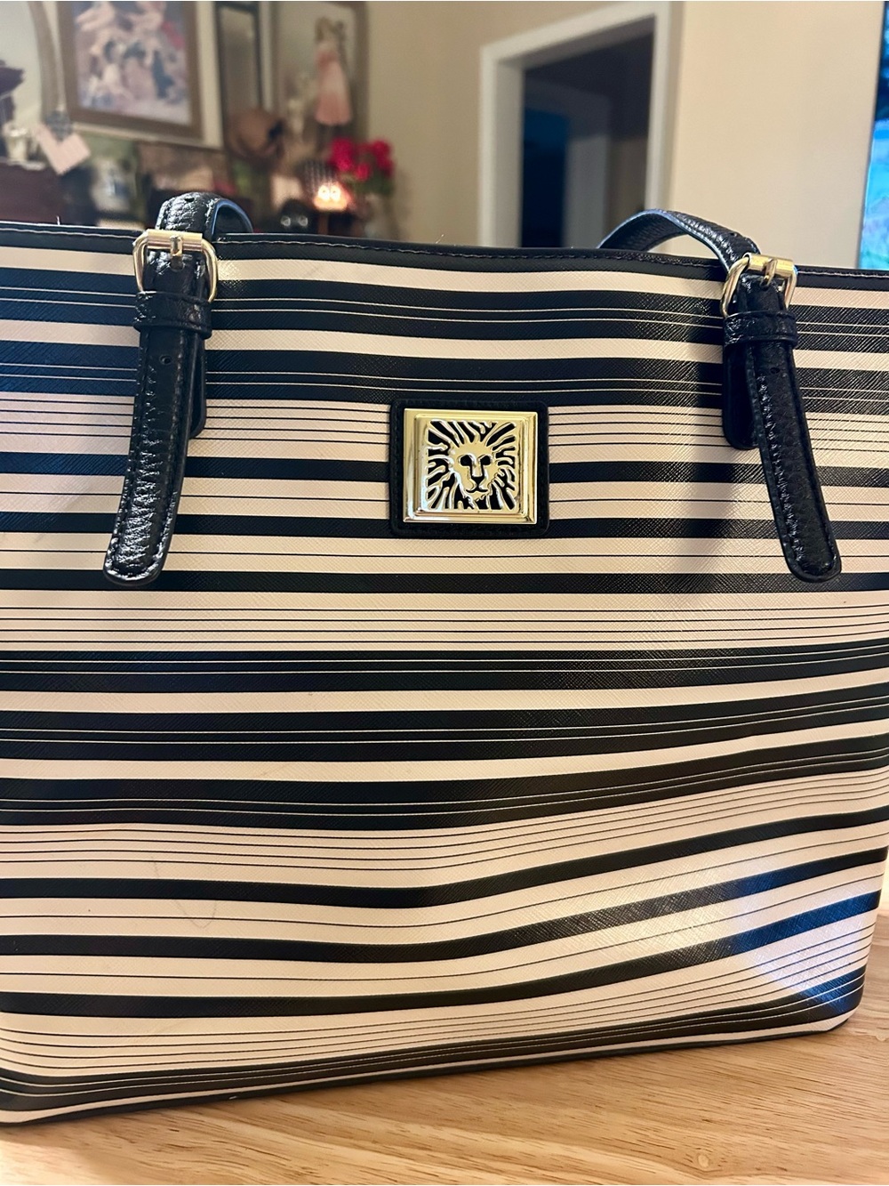 Anne Klein Perfect Tote Black White Stripe Small Shopper EUC - Picture 2 of 7